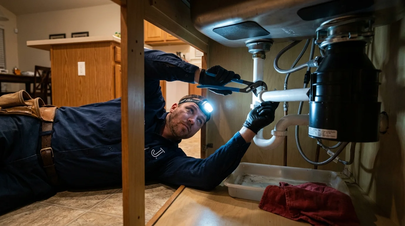 P-trap and supply line connections under a kitchen sink showing a common leak point in Taylor, AZ